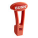 An orange plastic Bunn faucet handle with white text.