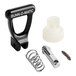 A Bunn faucet repair kit with a black and white handle, spring, and metal object.