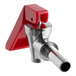 A red and silver Bunn faucet assembly with a hose.