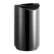 A black cylindrical Rubbermaid trash can with a black lid.