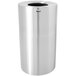 A silver metal cylindrical Rubbermaid Atrium waste receptacle with a black lid.