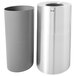 A silver cylindrical Rubbermaid waste receptacle with a lid.