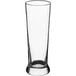 An Acopa Pilsner glass with a clear bottom and tall rim.