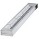 A rectangular white metal shelf with wires inside.