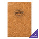 A natural cork Menu Solutions menu cover with black customizable text on a brown surface.