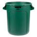 A green Rubbermaid Brute 10 gallon round plastic bin with handles.