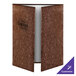 A brown rectangular cork menu cover with a white logo.