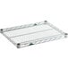 A Metro Super Erecta wire shelf with metal handles and holes in the metal.