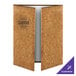 A brown cork Menu Solutions gatefold cover with a custom logo on it.