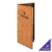 A Menu Solutions natural cork menu cover with a custom logo.