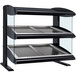A black display case with slanted glass shelves.