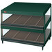 A Hunter Green Hatco Glo-Ray slanted double shelf countertop merchandiser with glass shelves.