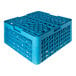 A blue plastic glass rack with 20 compartments and four extenders.