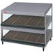 A grey Hatco countertop display with slanted glass shelves.