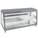 A Hatco stainless steel countertop food warmer with dual shelves in a grey granite display case.