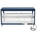 A blue and silver Hatco countertop food warmer with wire shelves.