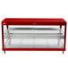A red display case with glass shelves and a glass top.