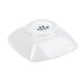 A bright white square Tuxton china bowl with a black logo.