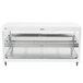 A white rectangular Hatco countertop merchandiser with glass shelves.
