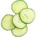 A close-up of cucumber slices with a Robot Coupe 1/8" slicing disc.