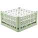 A light green Vollrath plastic rack with white bars holding glassware.