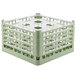 A light green plastic Vollrath glass rack with nine compartments.