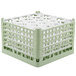 A light green plastic Vollrath lemon drop glass rack with white handles.