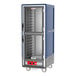 A blue Metro C5 heated holding cabinet with clear Dutch doors.