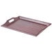 A mahogany plastic rectangular room service tray with handles.