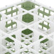 A white and green plastic Vollrath glass rack with 16 compartments.