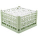 A light green plastic Vollrath glass rack with white handles.