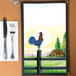 A breakfast-themed menu cover featuring a rooster standing on a fence post with a farmhouse and sunrise in the background.