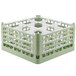 A light green plastic Vollrath glass rack with nine compartments.