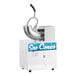 A commercial sno cone ice machine with a clear base and a metal ice shaving mechanism labeled 'Sno Cones' on the front.