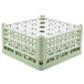 A light green plastic Vollrath glass rack with 25 compartments.