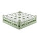 A white and green plastic Vollrath medium plus glass rack with 16 compartments.