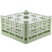 A light green plastic Vollrath glass rack with nine compartments.