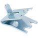 A stainless steel Beverage-Air refrigeration shelf clip with two holes.