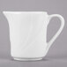 A Tuxton San Marino AlumaTux Pearl White china creamer with a curved handle.