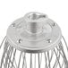 A close-up of a Hobart stainless steel wire whip with metal wires.