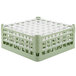 A stack of Vollrath light green plastic glass racks with white trays.