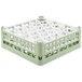 A Vollrath light green glass rack with white handles.