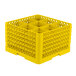 A yellow plastic Vollrath Traex glass rack with 9 compartments.