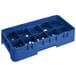 A navy blue plastic Cambro glass rack with 10 compartments and 2 extenders.