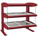 A red and silver Hatco countertop heated shelf display with three shelves.