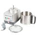 A Robot Coupe commercial food processor with a lid and a stainless steel bowl.