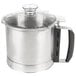 A silver stainless steel Robot Coupe food processor batch bowl with a clear lid.