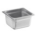 A stainless steel 1/6 size, 4-inch deep steam table or hotel pan.