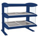 A blue display case with two glass shelves inside.