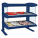 A navy blue Hatco countertop display case with two shelves of food and snacks.